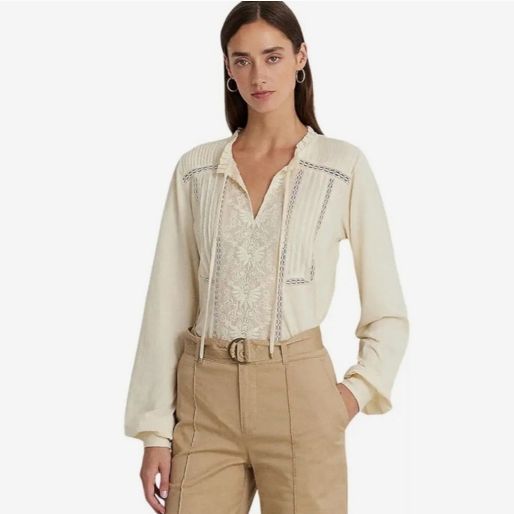 Lauren Ralph Lauren Embroidered Jersey Tie-Neck Top